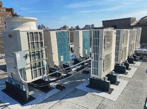 Air-cooled condensers on the rooftop of a building in the West Village, NYC.